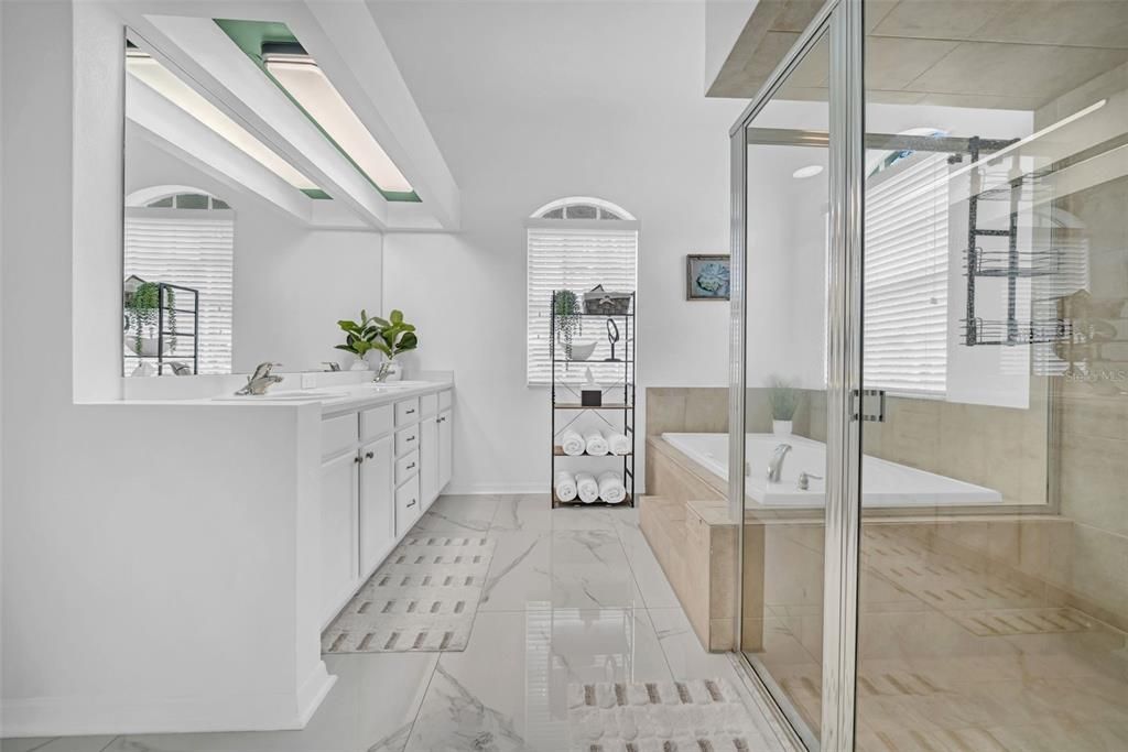 Bathroom, Dual Sink Vanities, Glass Shower, Interior, Marble