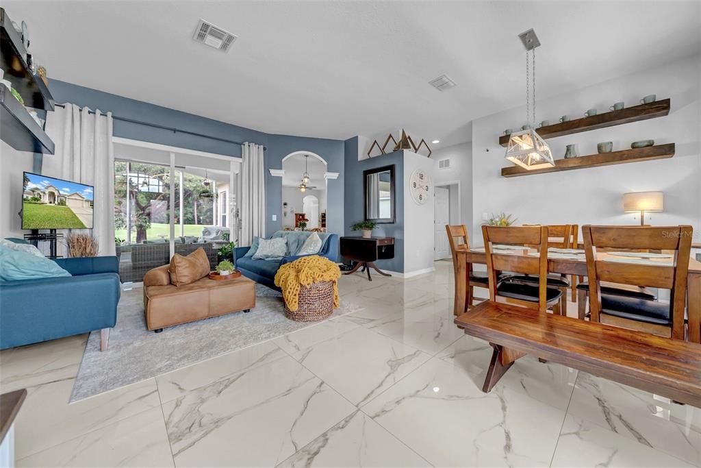 Dining room, Interior, Living room, Marble, Pendant Lights