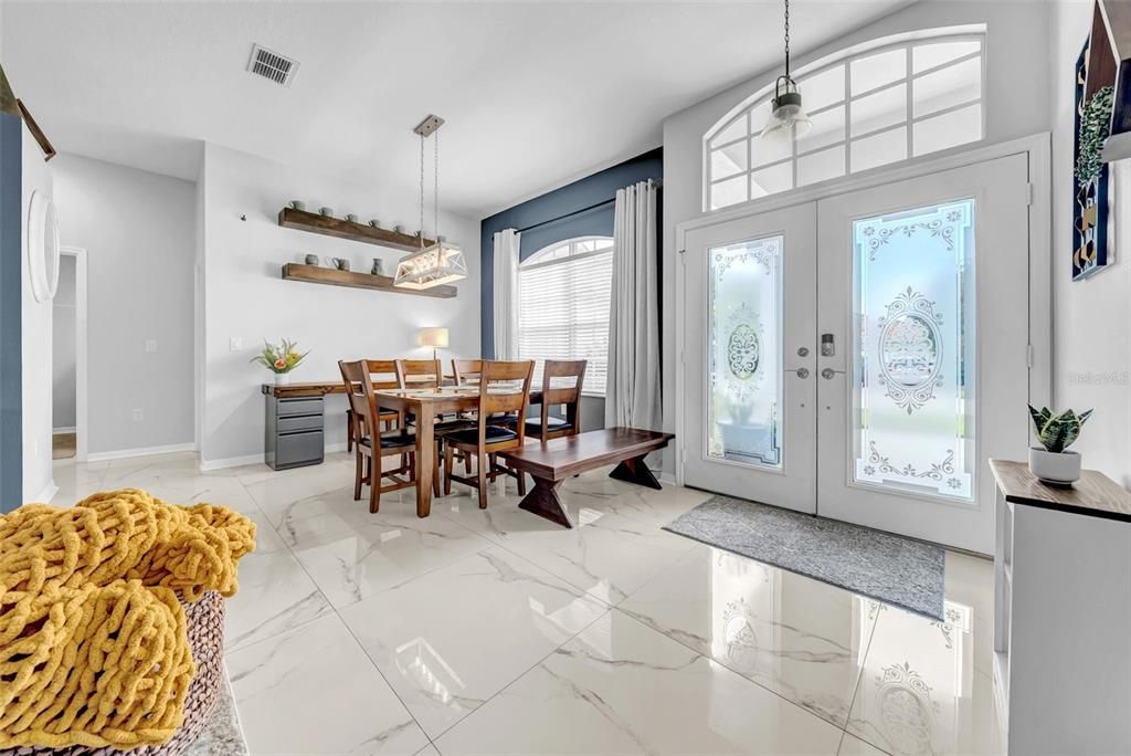 Dining room, Interior, Marble, Pendant Lights