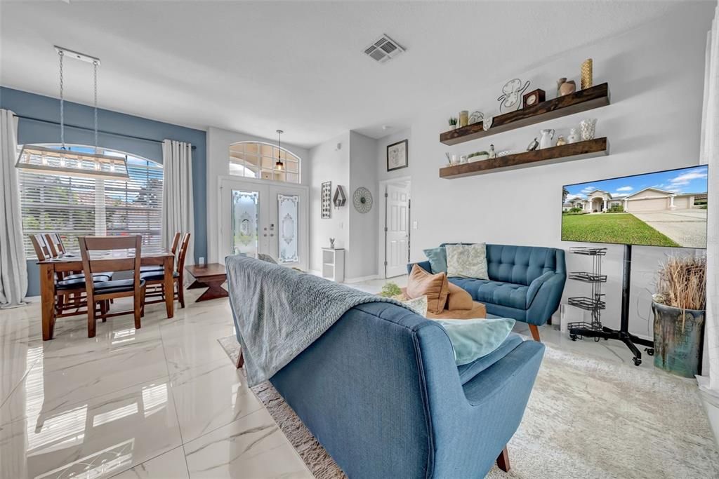 Dining room, Interior, Living room, Marble, Pendant Lights