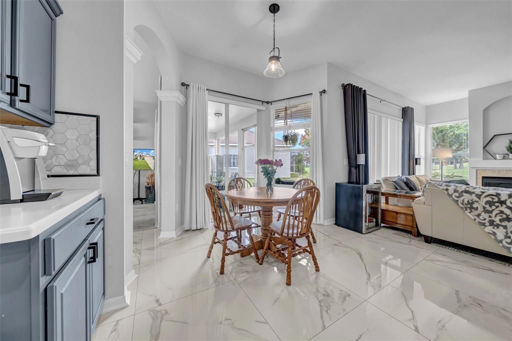 Dining room, Fireplace, Interior, Living room, Marble, Pendant Lights