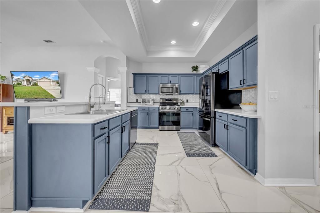 Interior, Kitchen, Marble, Recessed Lighting, Stainless Steel Appliances