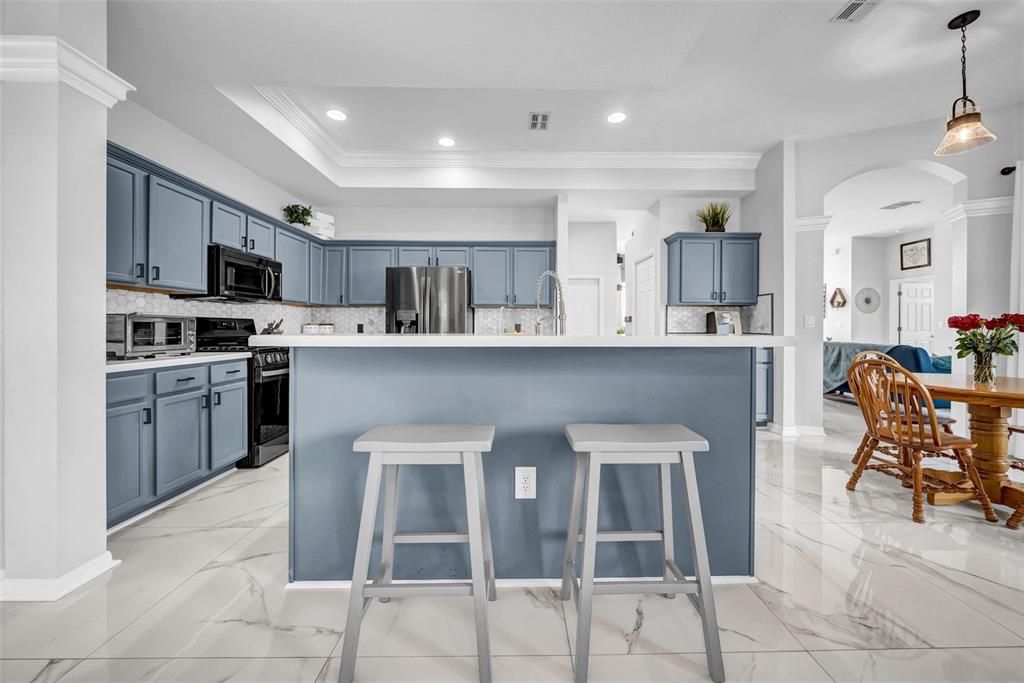 Interior, Kitchen, Marble, Pendant Lights, Recessed Lighting, Stainless Steel Appliances