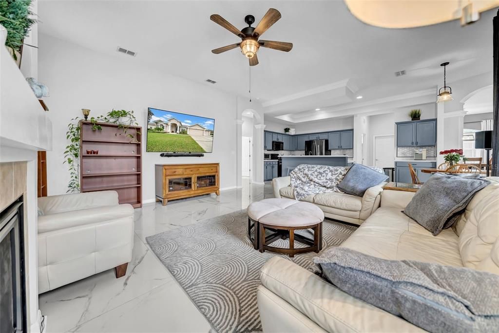 Fireplace, Interior, Kitchen, Living room, Marble, Pendant Lights, Recessed Lighting, Stainless Steel Appliances