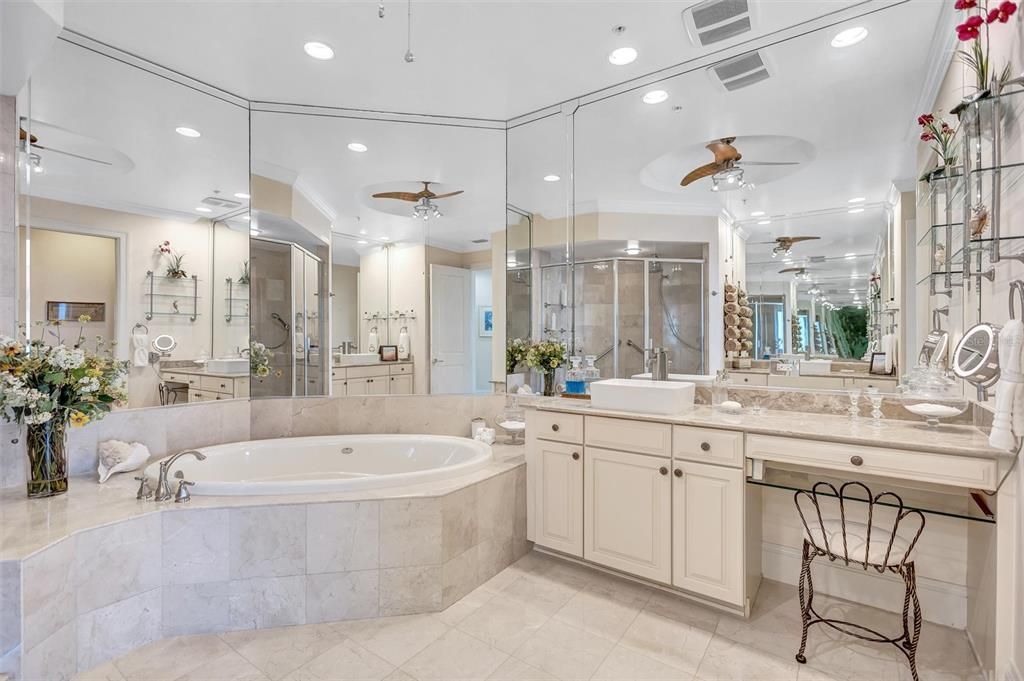 Bathroom, Dual Sink Vanities, Glass Shower, Interior, Recessed Lighting