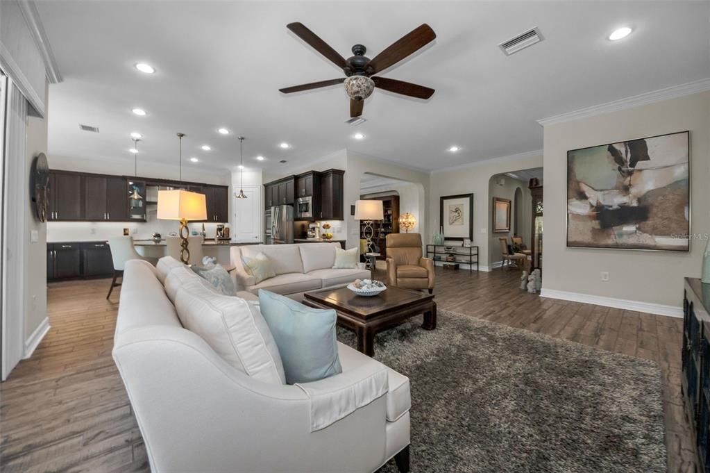 Dining room, Interior, Kitchen, Living room, Pendant Lights, Recessed Lighting, Stainless Steel Appliances, Wood Texture Flooring