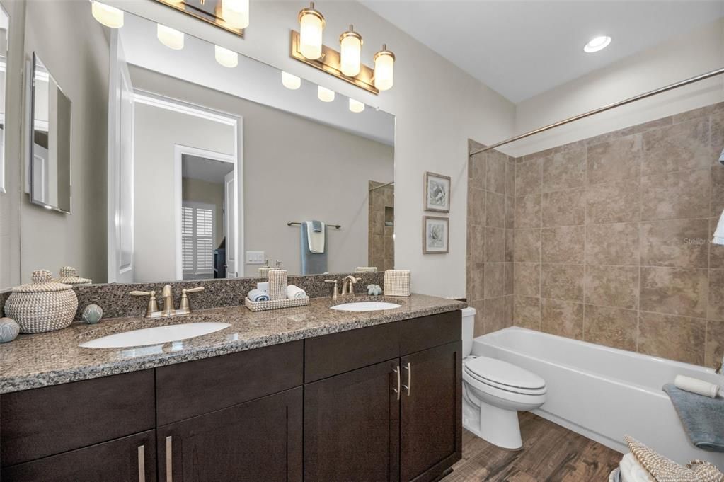 Bathroom, Dual Sink Vanities, Interior, Recessed Lighting, Wood Texture Flooring