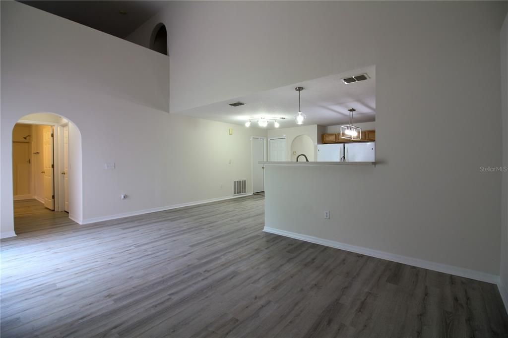 Empty room, Interior, Kitchen, Pendant Lights, Wood Texture Flooring