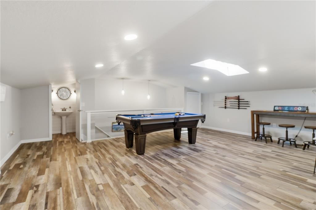 Billiard Table, Game Room, Interior, Pendant Lights, Recessed Lighting, Wood Texture Flooring