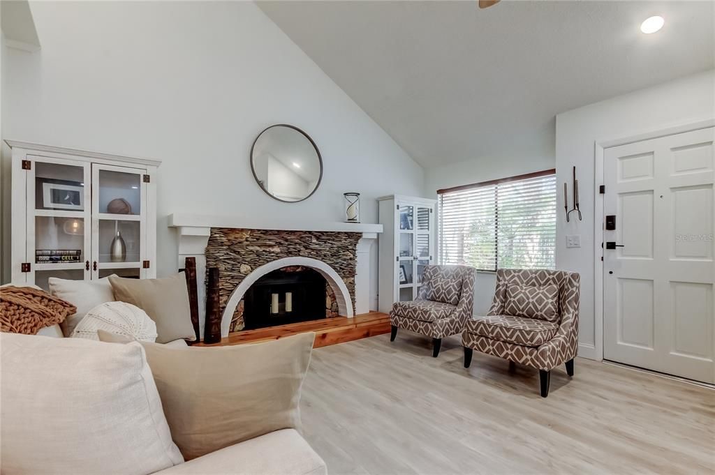 Fireplace, Interior, Living room, Recessed Lighting, Wood Texture Flooring