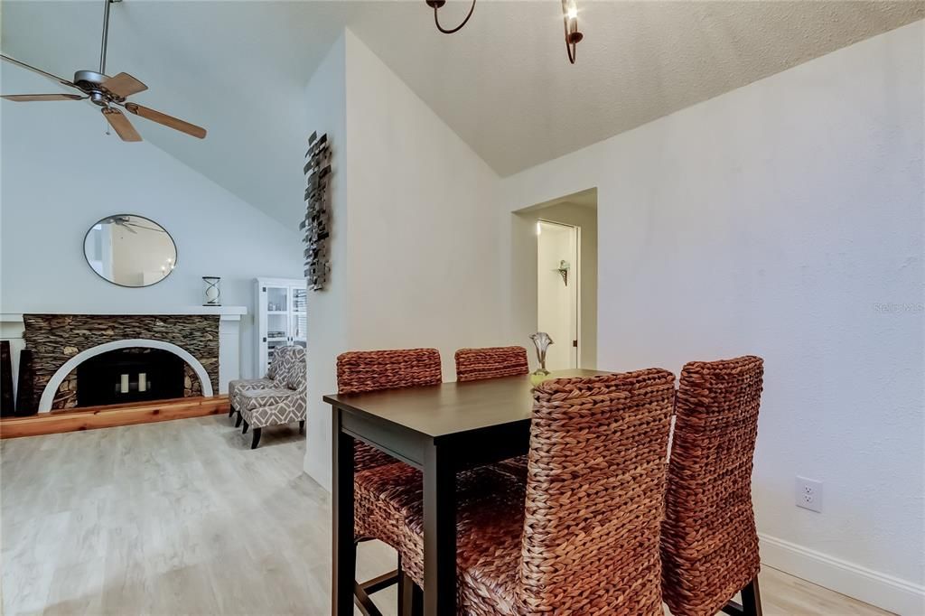 Dining room, Fireplace, Interior, Wood Texture Flooring