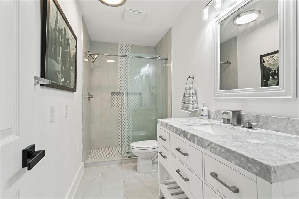 Bathroom, Dual Sink Vanities, Glass Shower, Interior, Marble