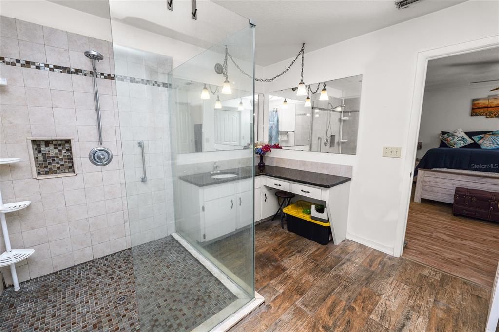 Bathroom, Glass Shower, Interior, Pendant Lights, Wood Texture Flooring