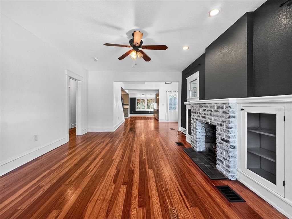 Empty room, Fireplace, Interior, Recessed Lighting, Wood Texture Flooring