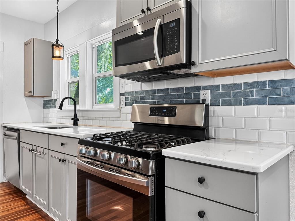 Interior, Kitchen, Pendant Lights, Stainless Steel Appliances, Wood Texture Flooring