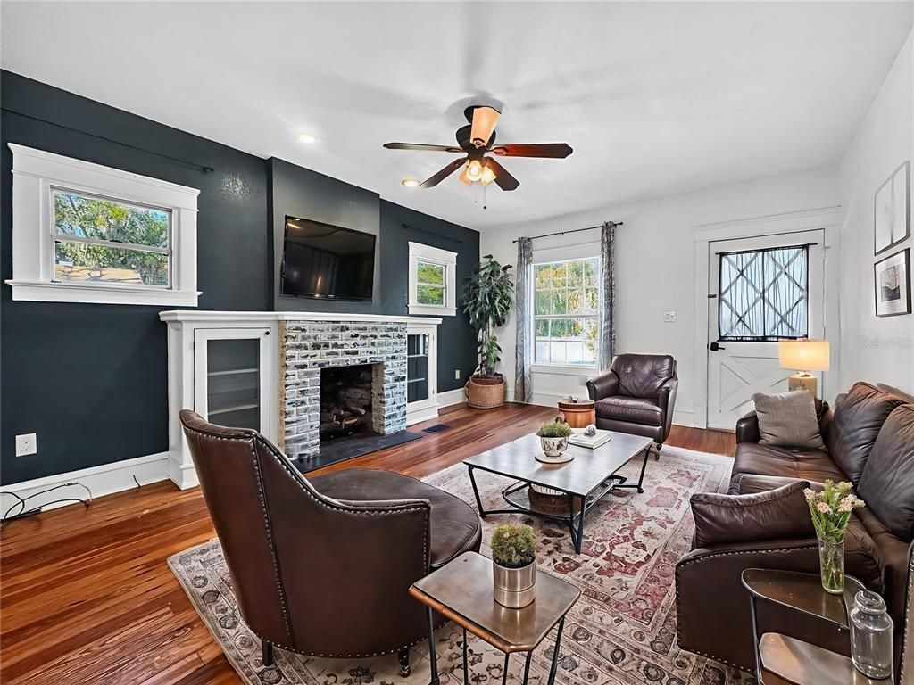 Fireplace, Interior, Living room, Recessed Lighting, Wood Texture Flooring