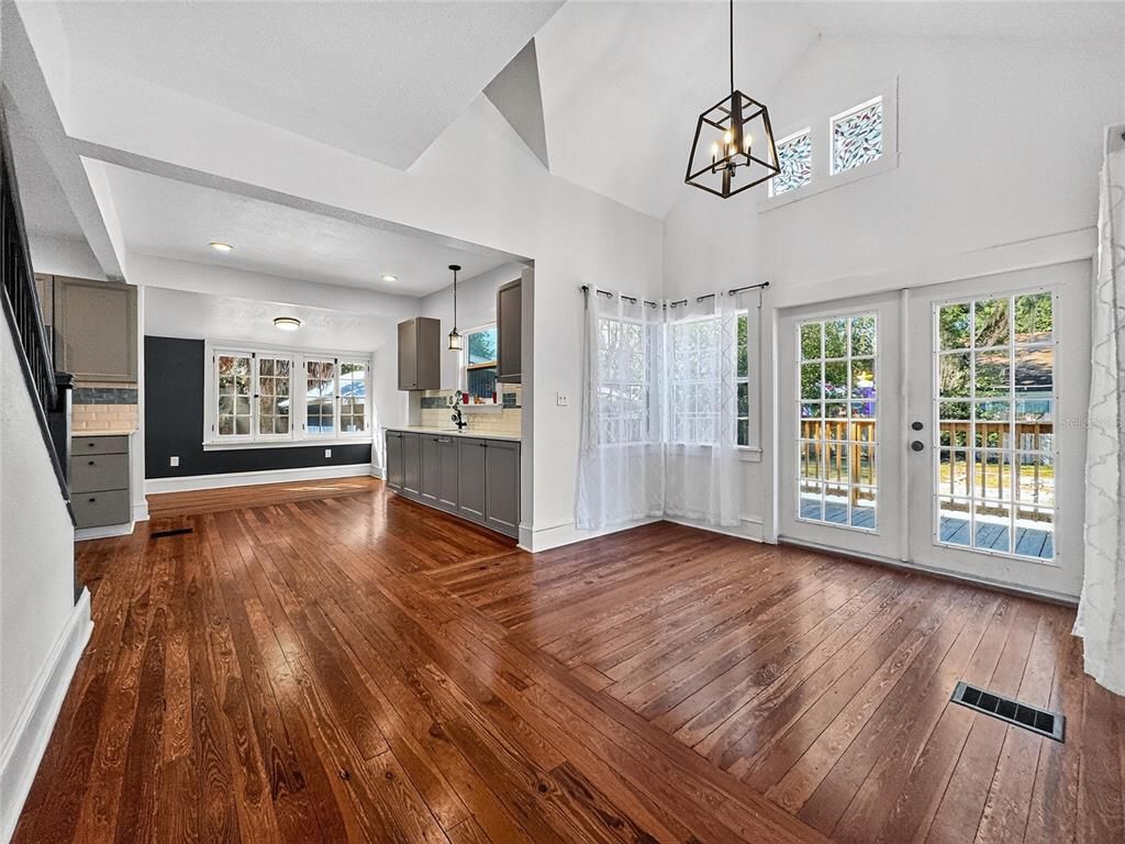 Empty room, Interior, Kitchen, Pendant Lights, Recessed Lighting, Wood Texture Flooring