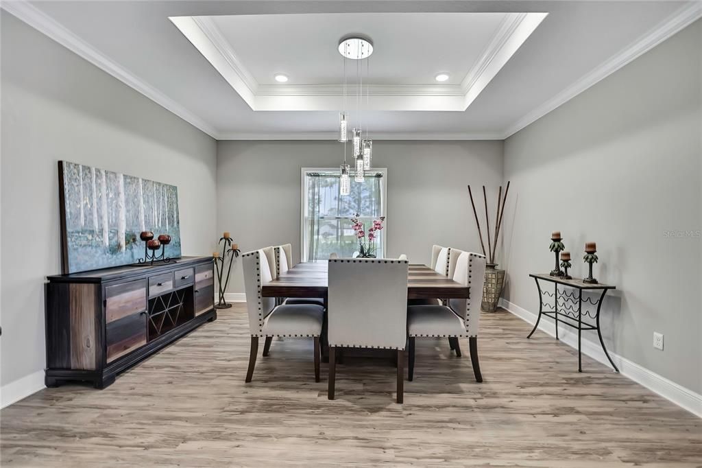 Dining room, Interior, Pendant Lights, Recessed Lighting, Wood Texture Flooring