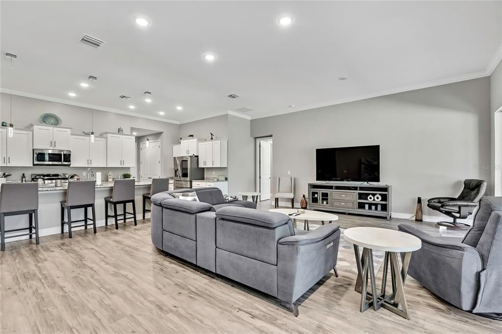 Interior, Kitchen, Living room, Recessed Lighting, Stainless Steel Appliances, Wood Texture Flooring