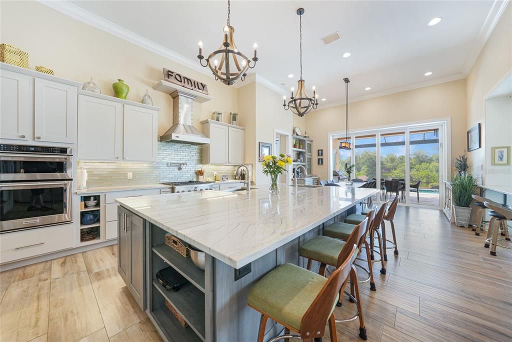 Chandelier, Interior, Kitchen, Pendant Lights, Recessed Lighting, Stainless Steel Appliances, Wood Texture Flooring
