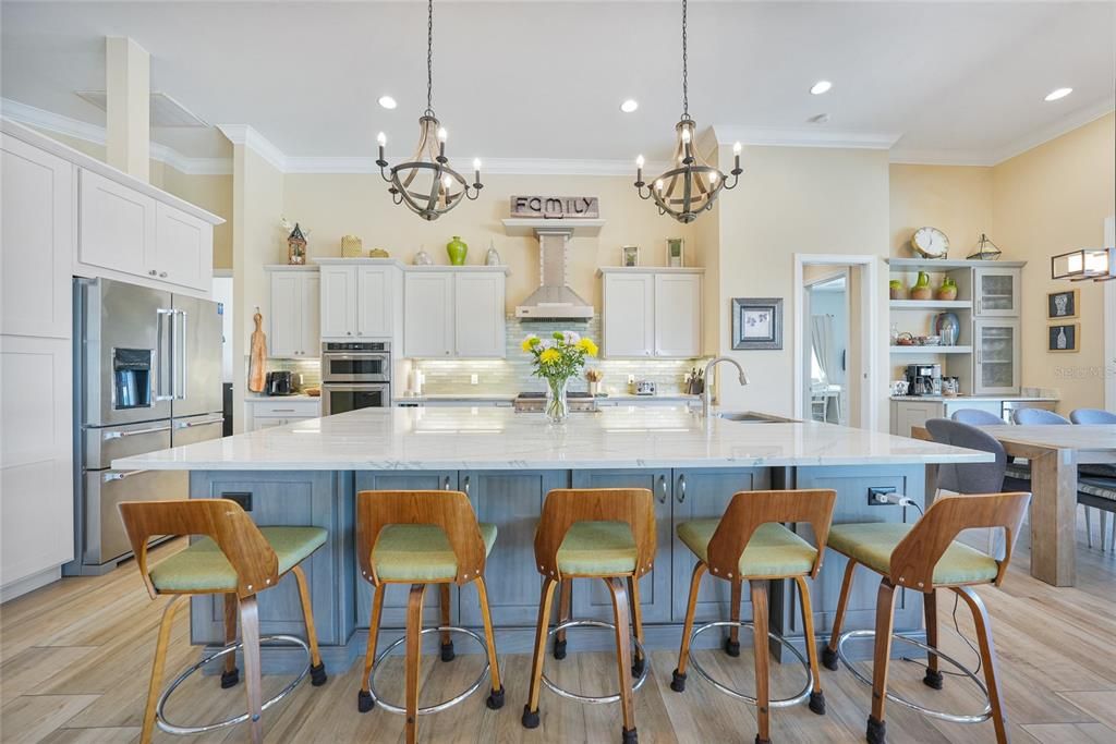 Chandelier, Interior, Kitchen, Pendant Lights, Recessed Lighting, Stainless Steel Appliances, Wood Texture Flooring