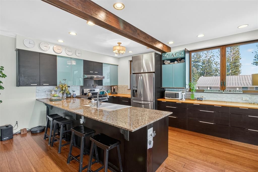 Interior, Kitchen, Recessed Lighting, Stainless Steel Appliances, Wooden Beams, Wood Texture Flooring