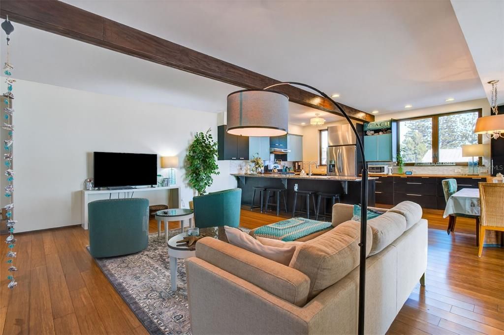 Interior, Kitchen, Living room, Recessed Lighting, Stainless Steel Appliances, Wood Texture Flooring