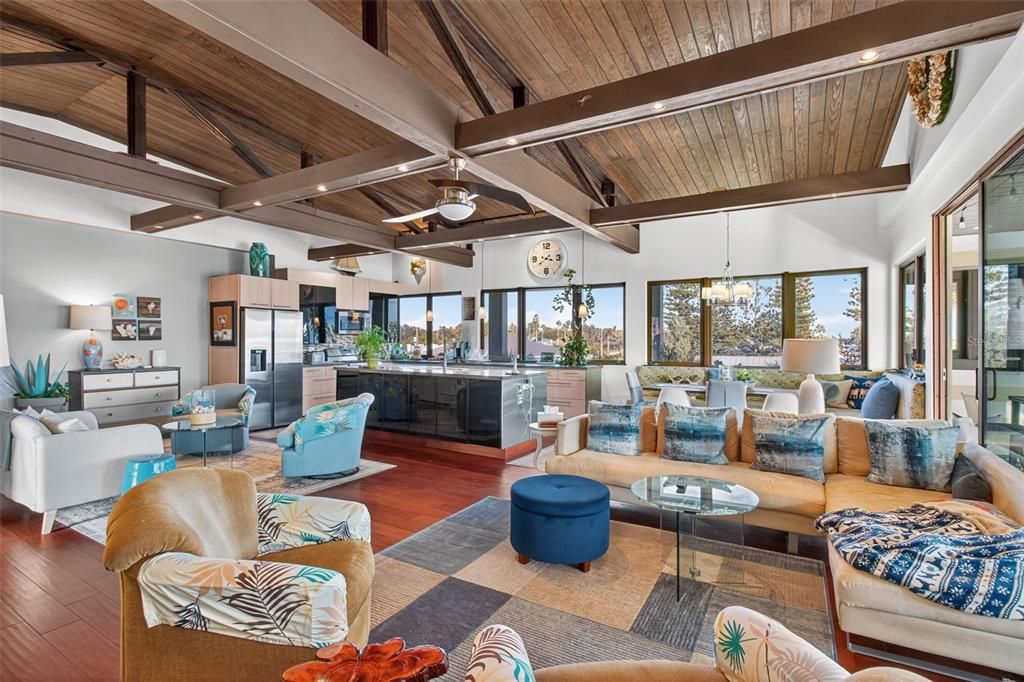 Dining room, Interior, Kitchen, Living room, Pendant Lights, Recessed Lighting, Stainless Steel Appliances, Wooden Beams, Wooden Ceilings, Wood Texture Flooring