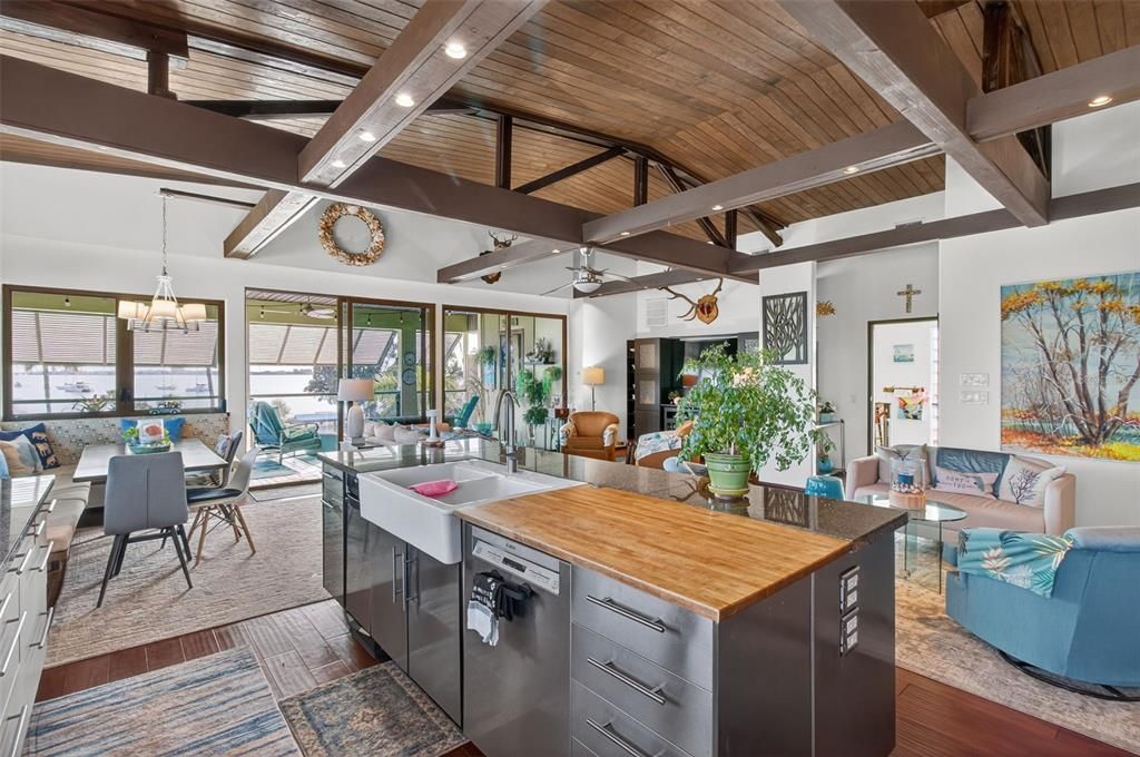 Chandelier, Dining room, Interior, Kitchen, Living room, Pendant Lights, Recessed Lighting, Wooden Beams, Wooden Ceilings, Wood Texture Flooring