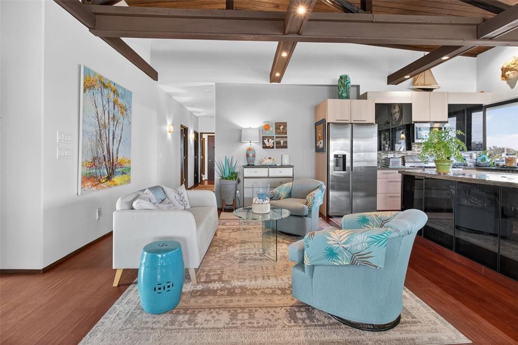 Interior, Kitchen, Living room, Recessed Lighting, Stainless Steel Appliances, Wooden Beams, Wood Texture Flooring