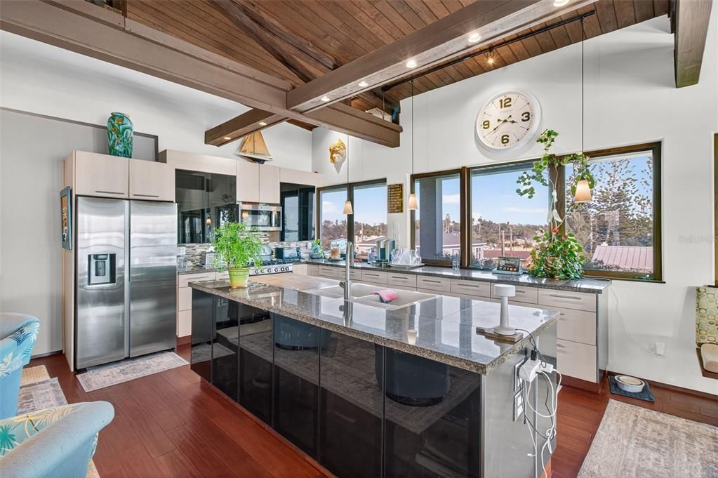 Interior, Kitchen, Pendant Lights, Recessed Lighting, Stainless Steel Appliances, Wooden Beams, Wooden Ceilings, Wood Texture Flooring