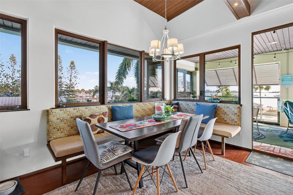 Dining room, Interior, Pendant Lights, Recessed Lighting, Wooden Ceilings, Wood Texture Flooring