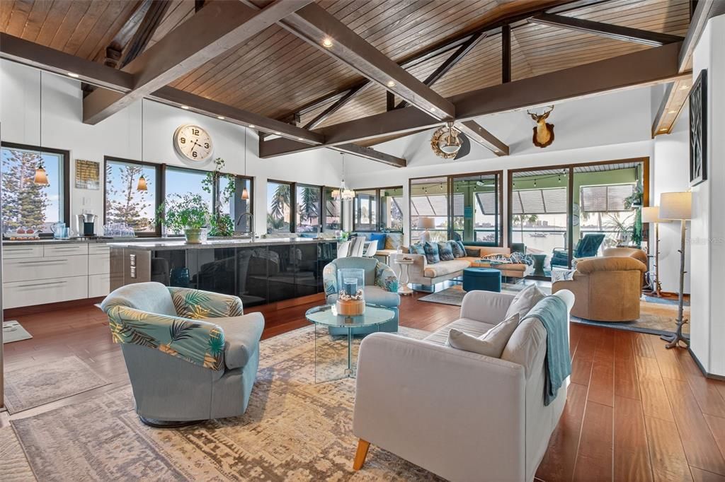 Interior, Living room, Pendant Lights, Wooden Beams, Wooden Ceilings, Wood Texture Flooring