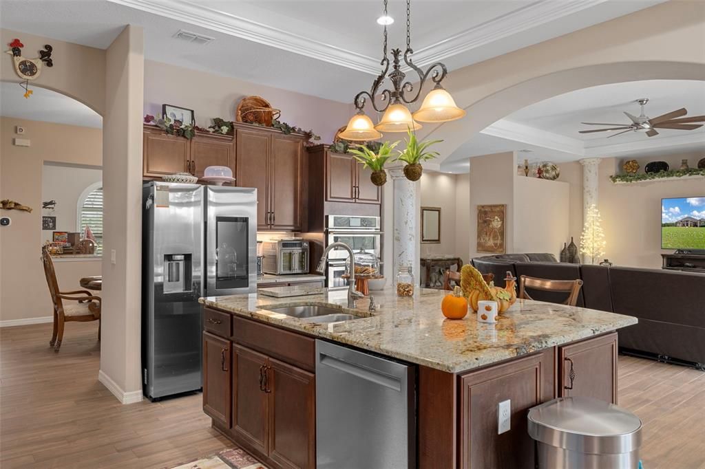 Chandelier, Interior, Kitchen, Recessed Lighting, Stainless Steel Appliances, Wood Texture Flooring