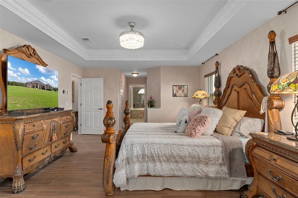 Bedroom, Chandelier, Interior, Wood Texture Flooring