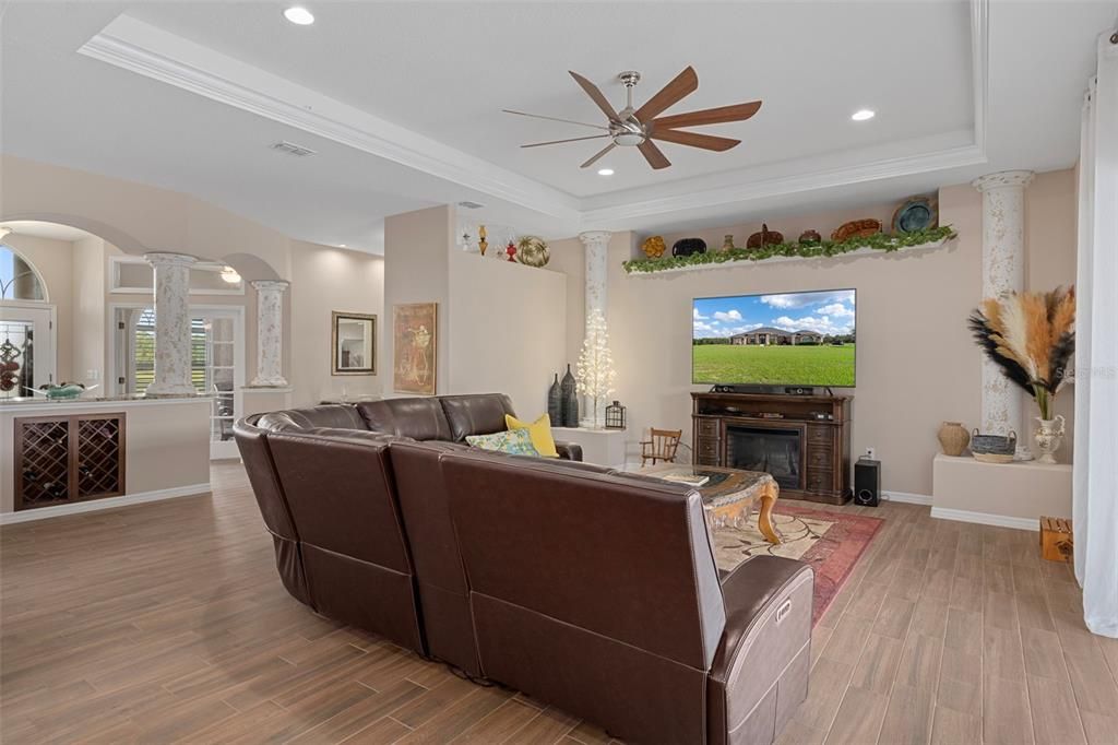 Fireplace, Interior, Living room, Recessed Lighting, Wood Texture Flooring