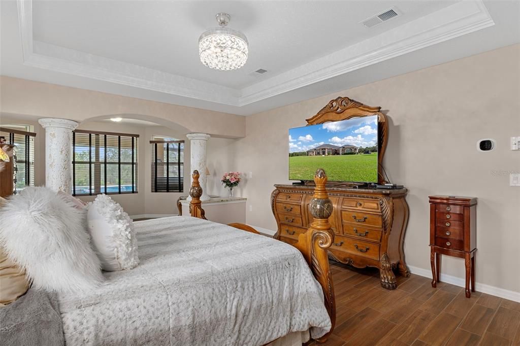 Bedroom, Chandelier, Interior, Wood Texture Flooring