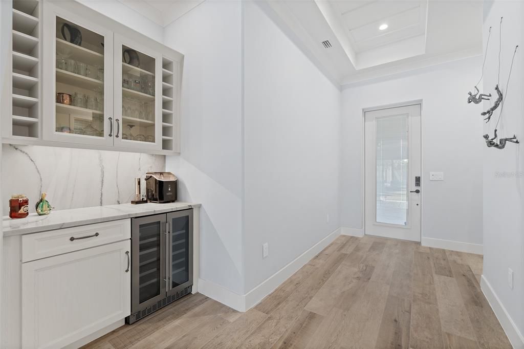 Interior, Marble Walls, Recessed Lighting, Wood Texture Flooring