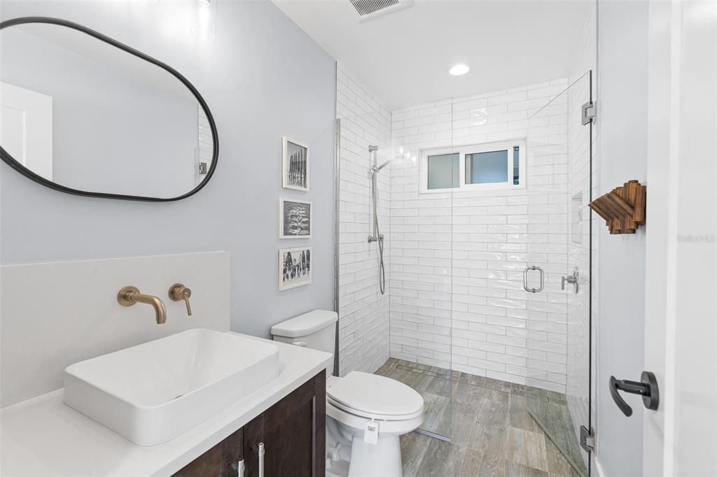 Bathroom, Glass Shower, Interior, Recessed Lighting, Wood Texture Flooring