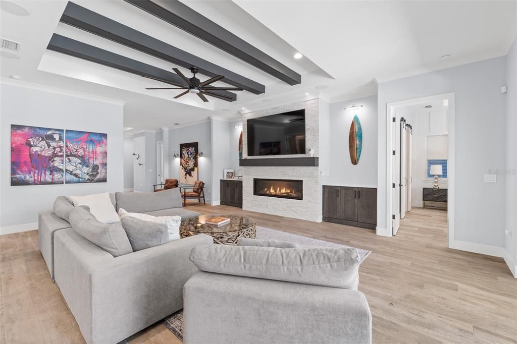 Fireplace, Interior, Living room, Recessed Lighting, Wooden Beams, Wood Texture Flooring