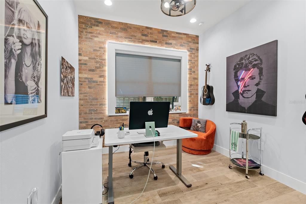 Home Office, Interior, Recessed Lighting, Stone Walls, Wood Texture Flooring