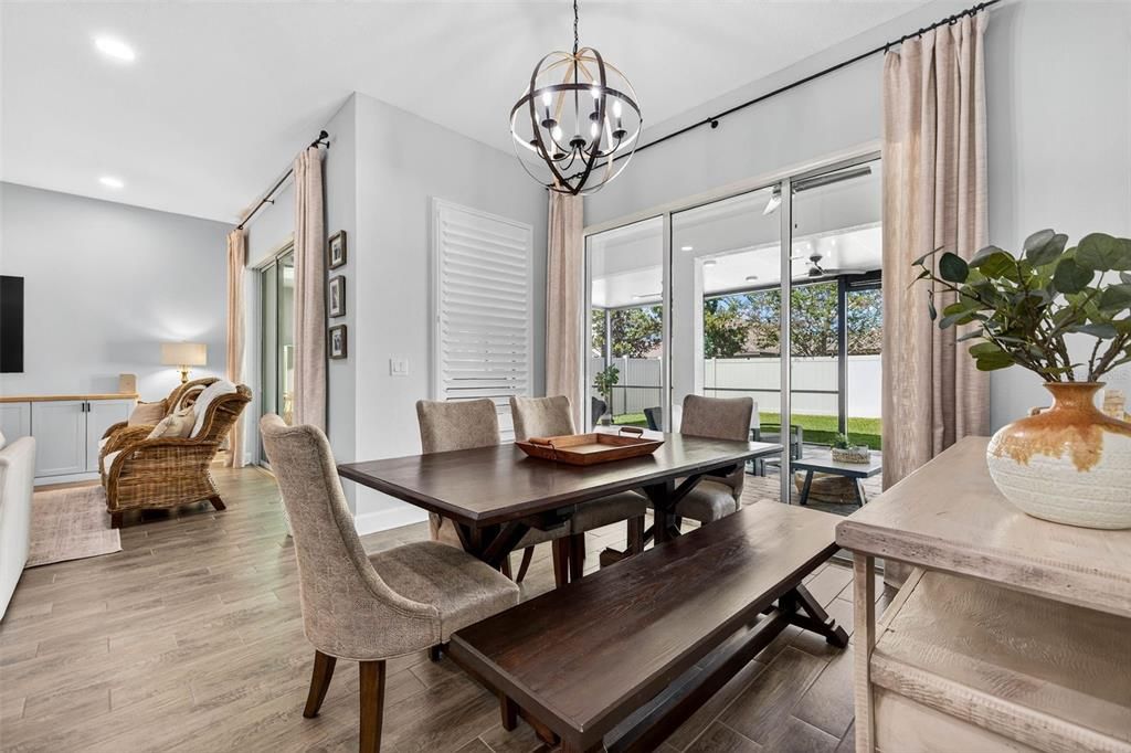 Chandelier, Dining room, Interior, Pendant Lights, Recessed Lighting, Wood Texture Flooring