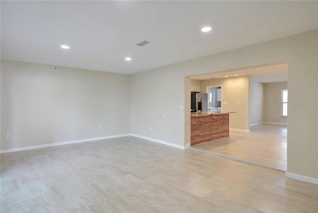 Empty room, Interior, Kitchen, Recessed Lighting, Wood Texture Flooring