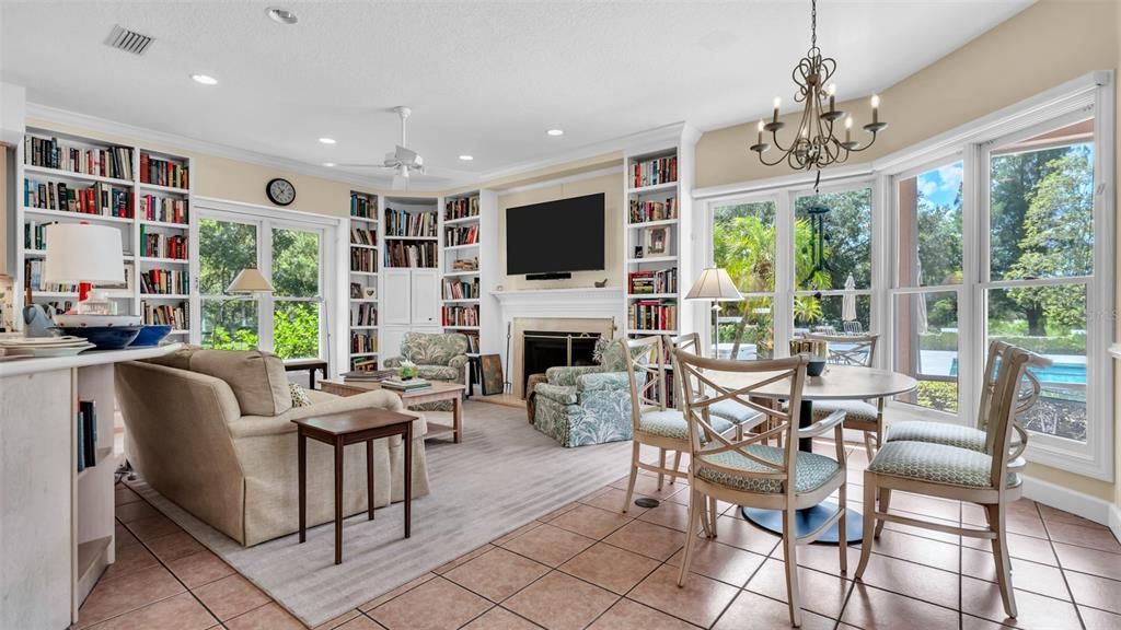 Chandelier, Dining room, Fireplace, Interior, Living room, Recessed Lighting