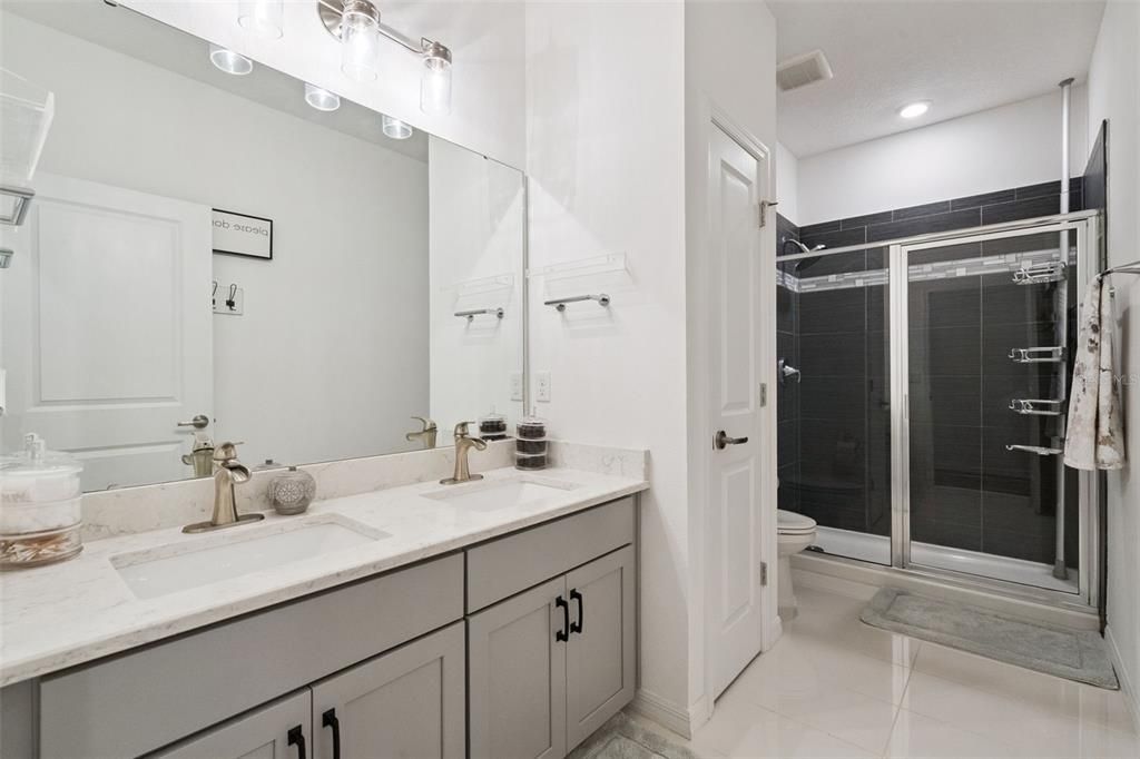 Bathroom, Dual Sink Vanities, Glass Shower, Interior, Recessed Lighting