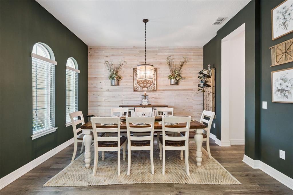 Dining room, Interior, Pendant Lights, Wood Texture Flooring, Wooden Walls