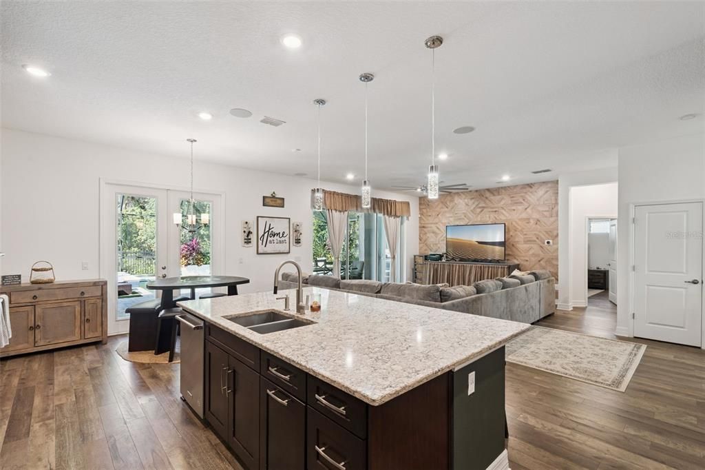 Interior, Kitchen, Pendant Lights, Recessed Lighting, Wood Texture Flooring