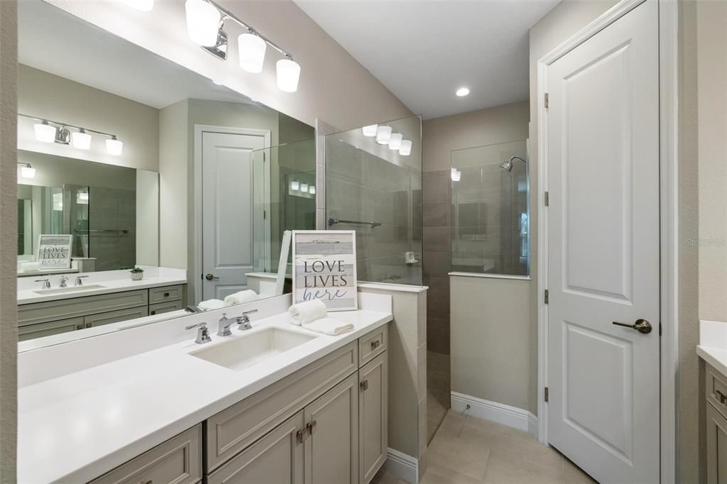Bathroom, Dual Sink Vanities, Glass Shower, Interior, Recessed Lighting