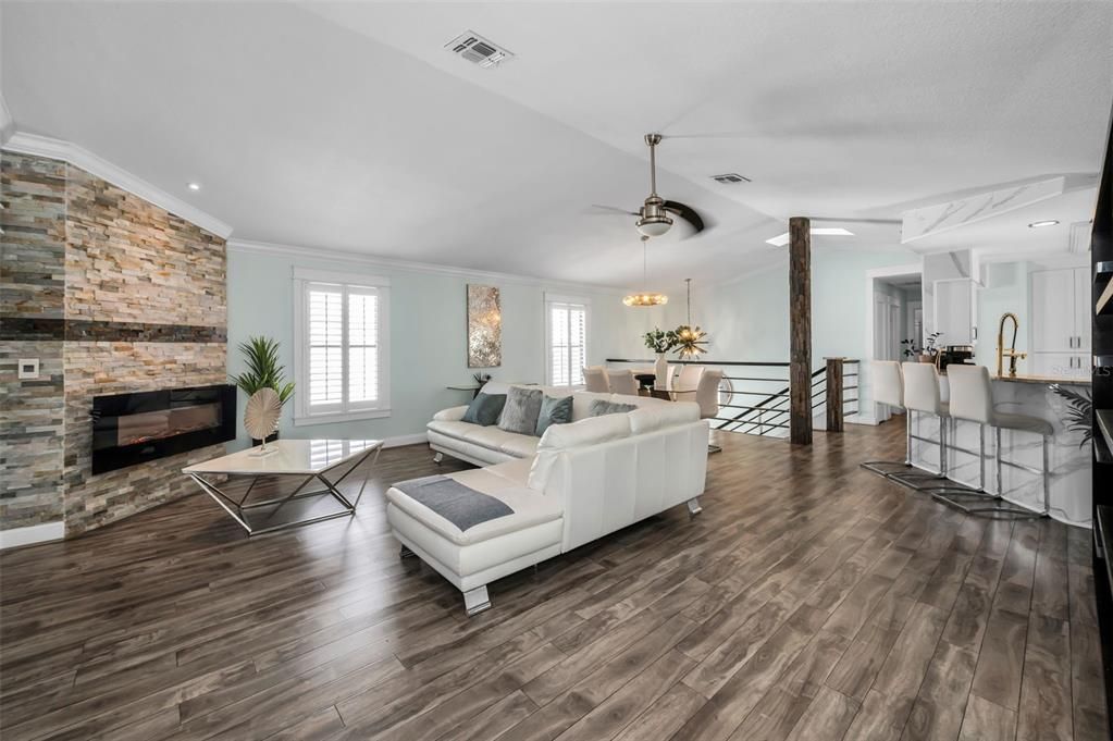 Dining room, Fireplace, Interior, Kitchen, Living room, Pendant Lights, Recessed Lighting, Stone Walls, Wood Texture Flooring