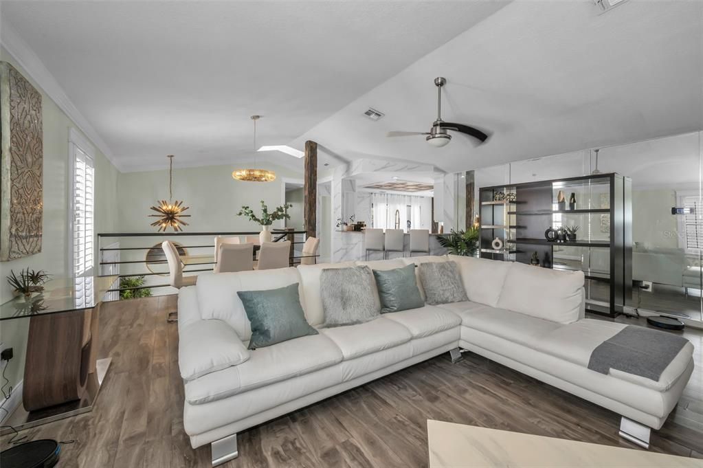 Dining room, Interior, Living room, Pendant Lights, Wood Texture Flooring